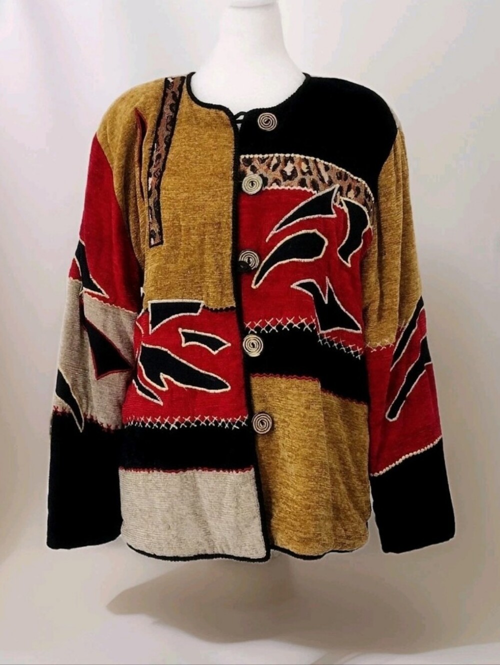 Allure Sz M, Colorblock Abstract Patchwork Button Cardigan - Mustard, Red, Black